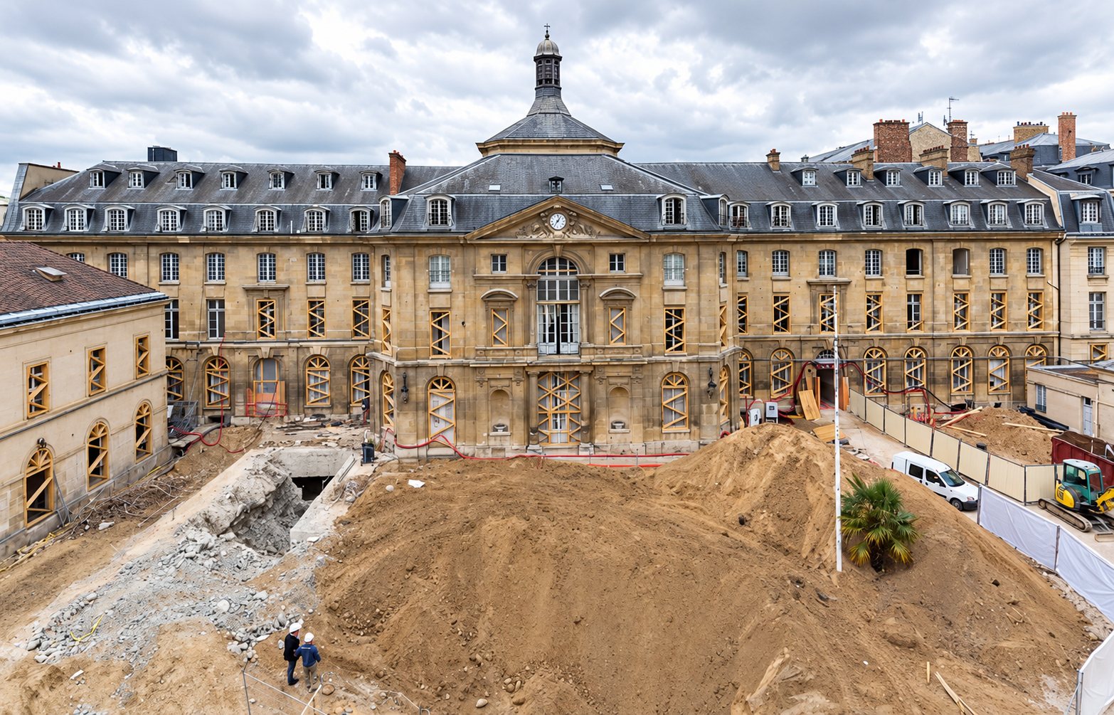 Un grand chantier de terrassement avec d'importants tas de terre et de gravats devant la façade d'un bâtiment classique en pierre aux fenêtres protégées par des cadres en bois.