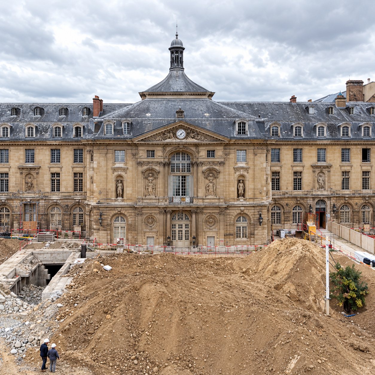 Un grand chantier de terrassement avec des tas de terre devant la façade d'un imposant bâtiment historique en pierre à toit d'ardoise.