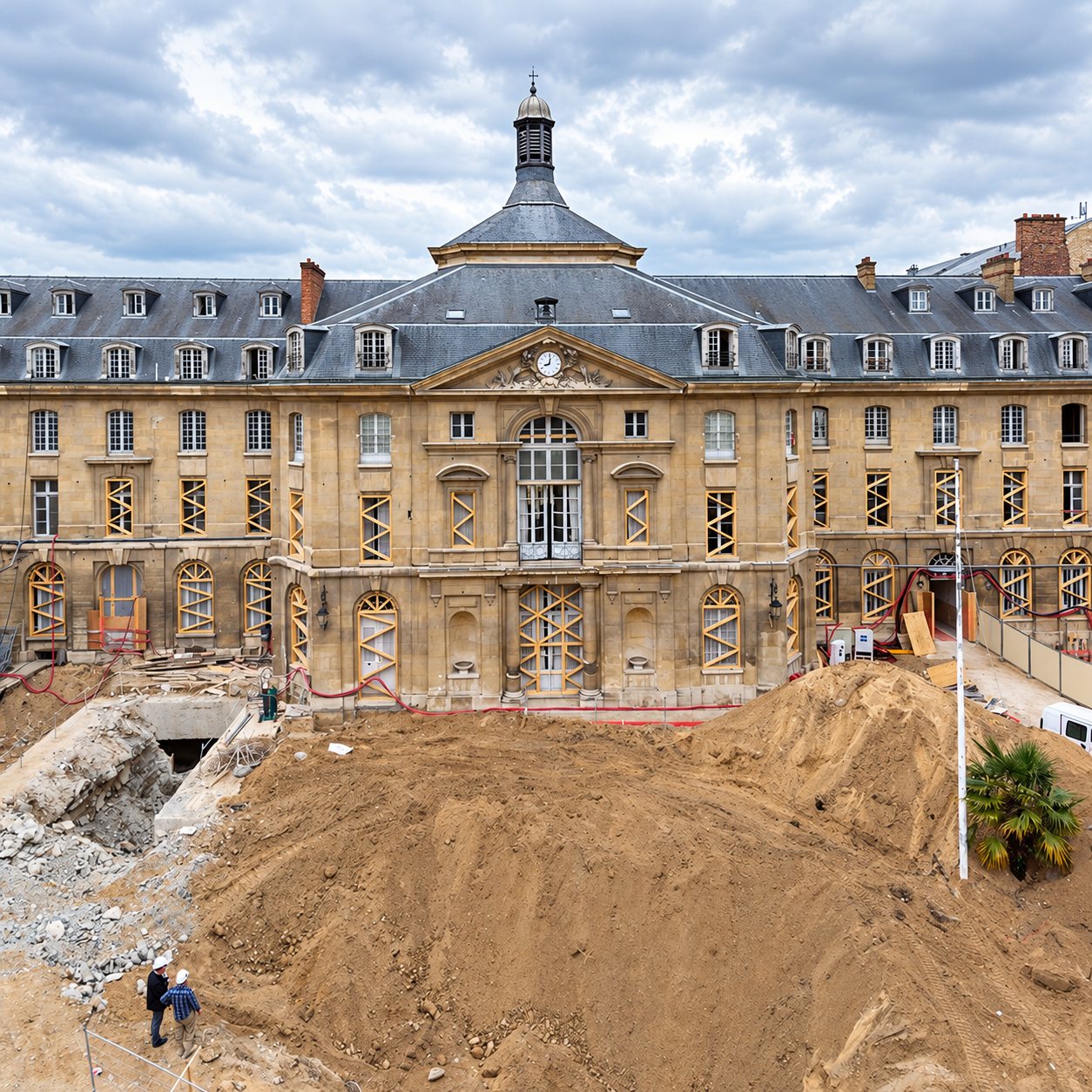 Un grand chantier de terrassement avec un monticule de terre devant un imposant bâtiment ancien en pierre aux fenêtres protégées par des croisillons en bois, où deux ouvriers casqués observent les travaux.