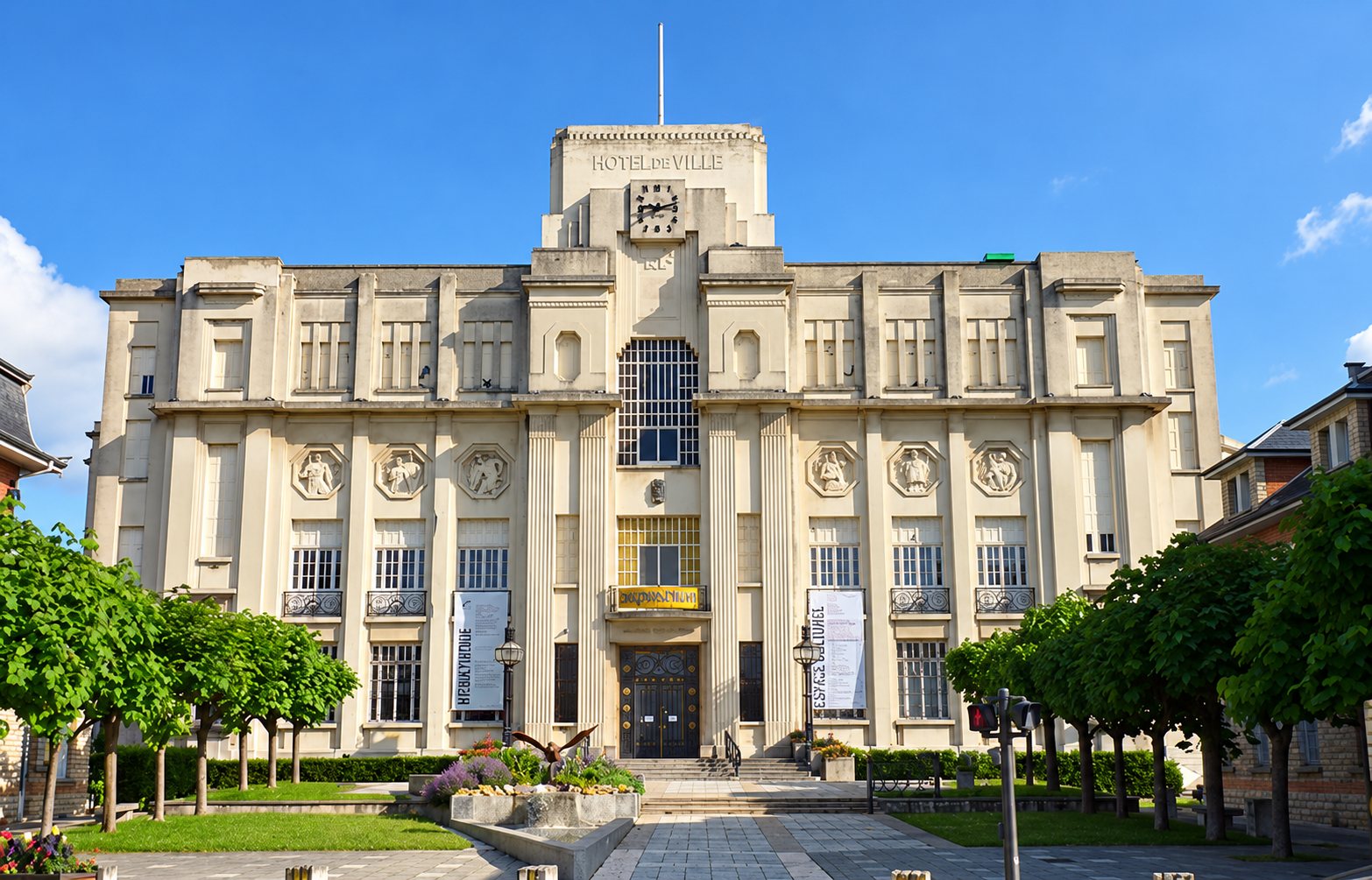 La façade en pierre claire de style art déco d'un hôtel de ville, avec une horloge en haut, des bannières à l'entrée et des arbres au premier plan.