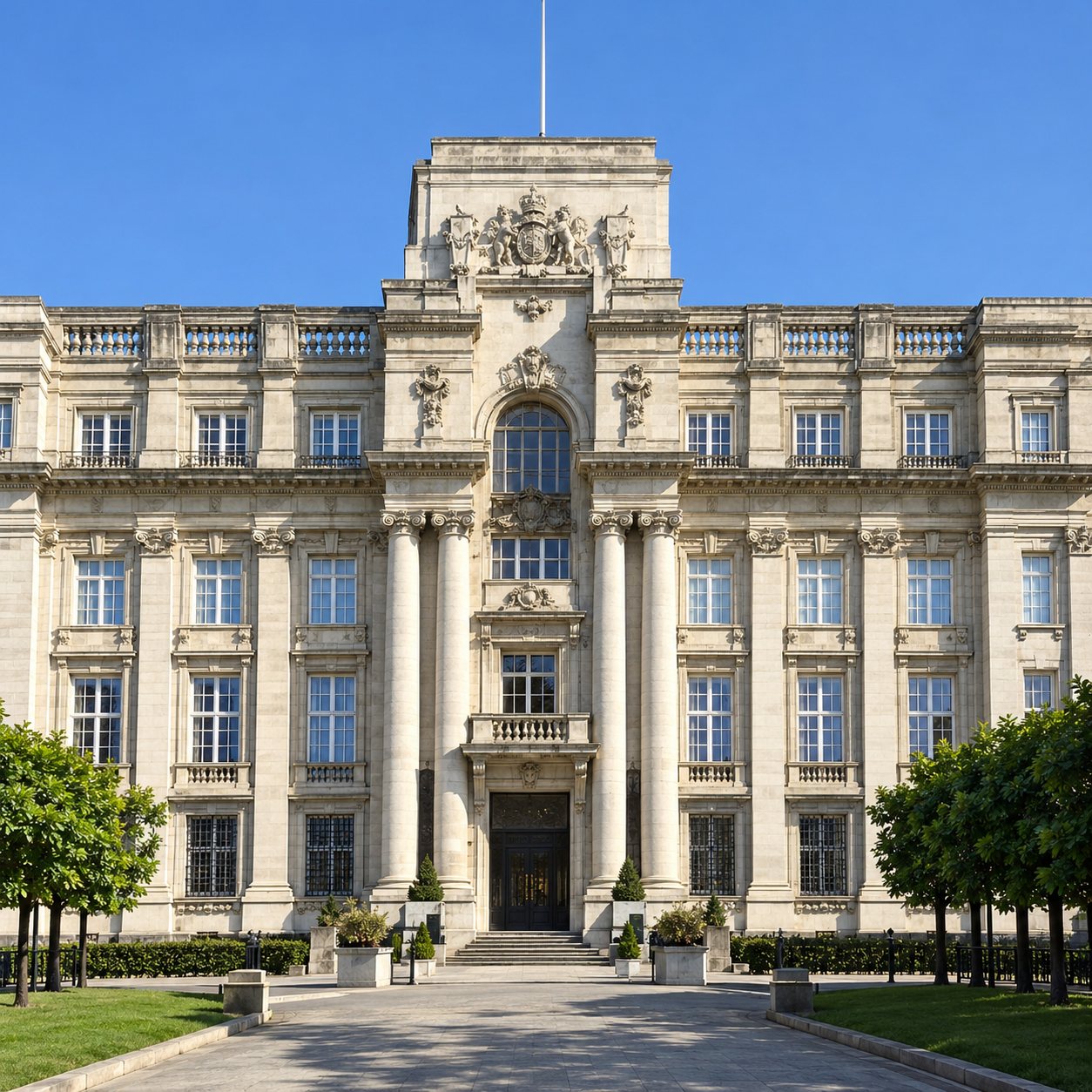 Façade d'un grand bâtiment de pierre claire de style classique, entouré d'un peu de verdure, sous un ciel bleu.