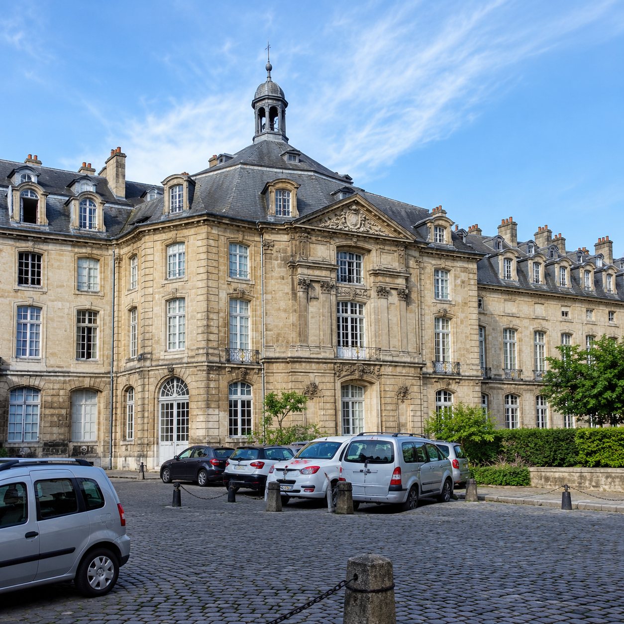 Un grand bâtiment classique en pierre claire à toit d'ardoise, devant lequel sont garées plusieurs voitures, sous un ciel partiellement nuageux.