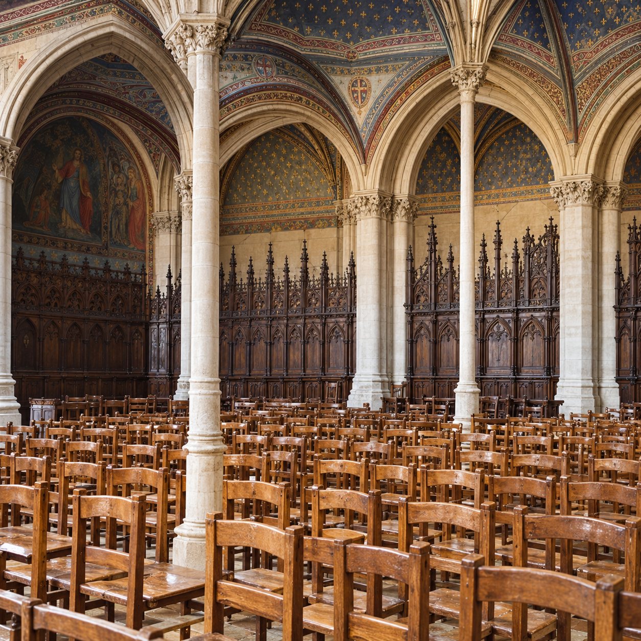 Intérieur d'une vaste bibliothèque aux arcades et aux voûtes ornées, avec de longues rangées de tables en bois au premier plan.