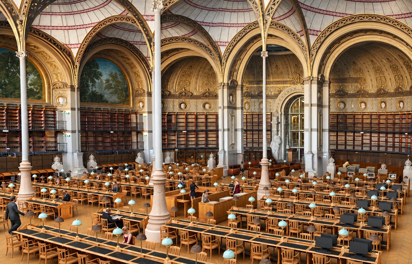 Vaste salle de lecture de bibliothèque aux hautes arcades décorées, avec de longues tables en bois, des lampes vertes et des rayonnages remplis de livres.
