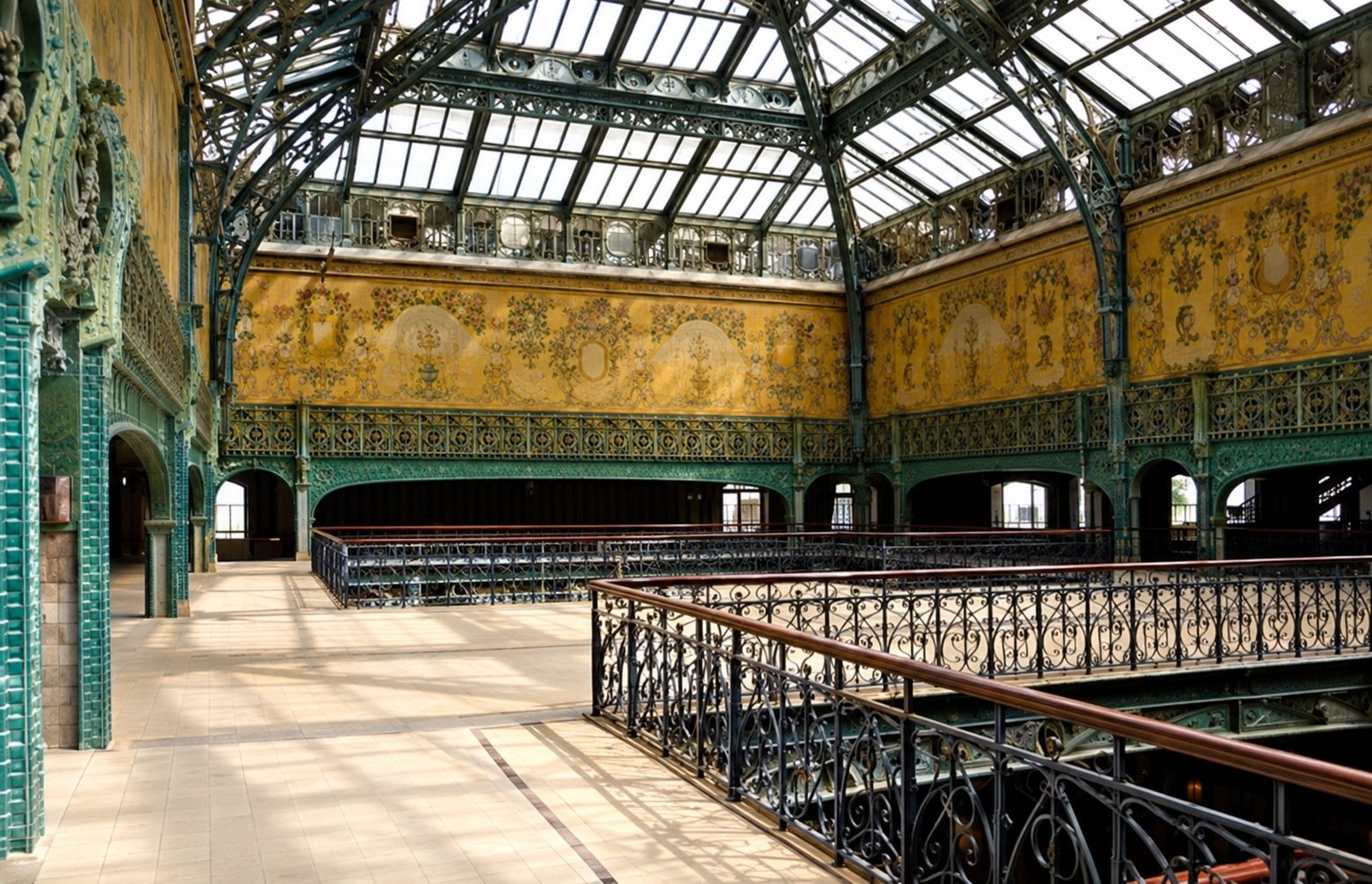 Vaste salle intérieure sous une grande verrière, avec des balustrades en fer forgé au premier plan et de grandes fresques dorées sur les murs.