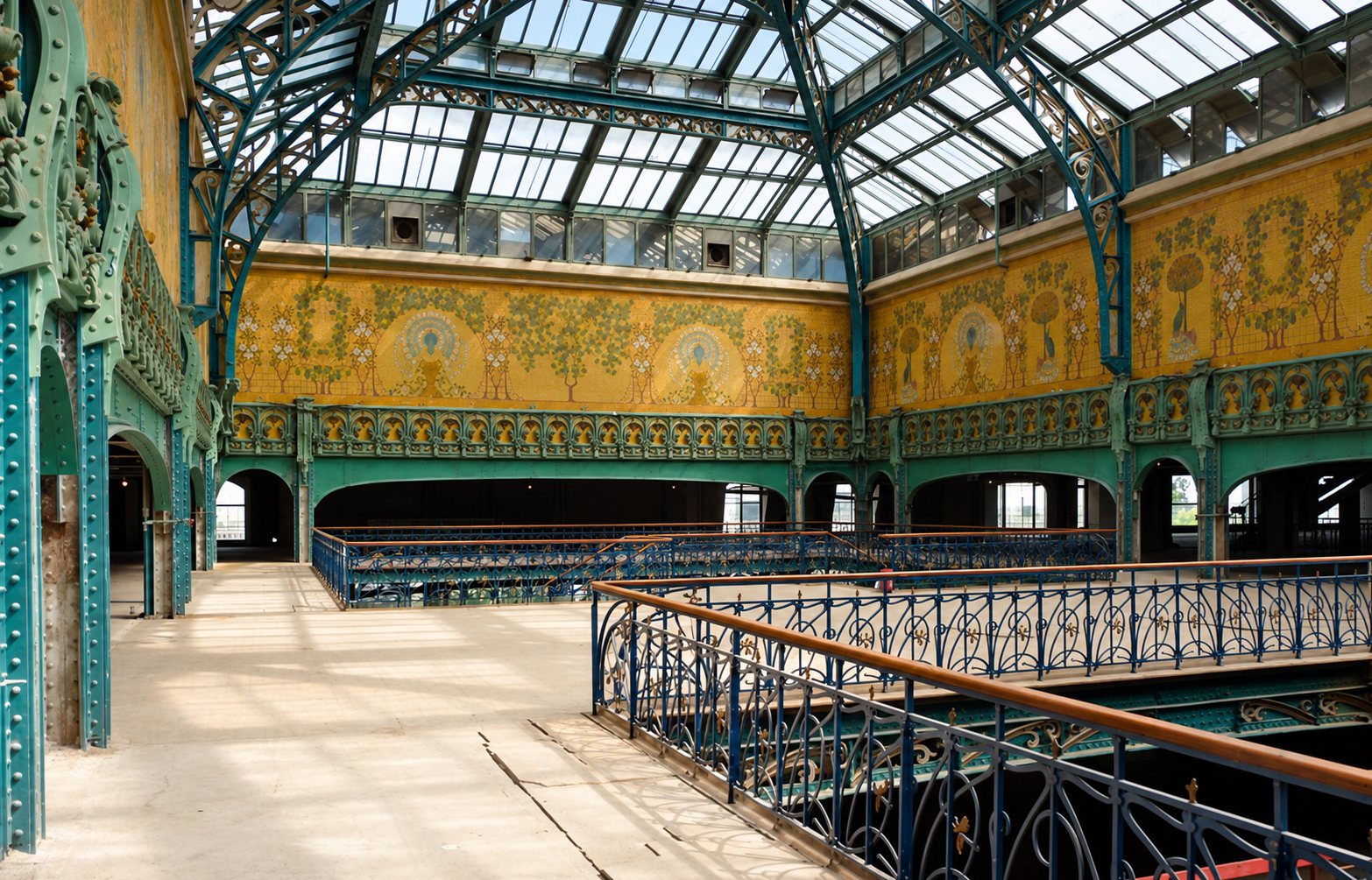 Intérieur d'une vaste halle de style Art nouveau avec une verrière en structure métallique verte, des fresques florales jaunes et des balustrades en fer forgé au premier plan.