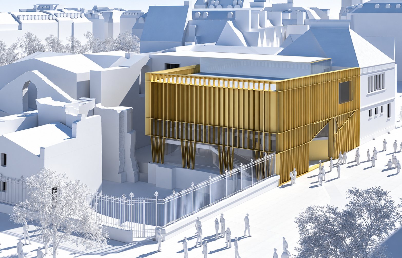 Rendu du projet. Image de synthèse d'un bâtiment contemporain à façade en lames dorées verticales, entouré d'immeubles blancs et de silhouettes de passants, derrière une grille.