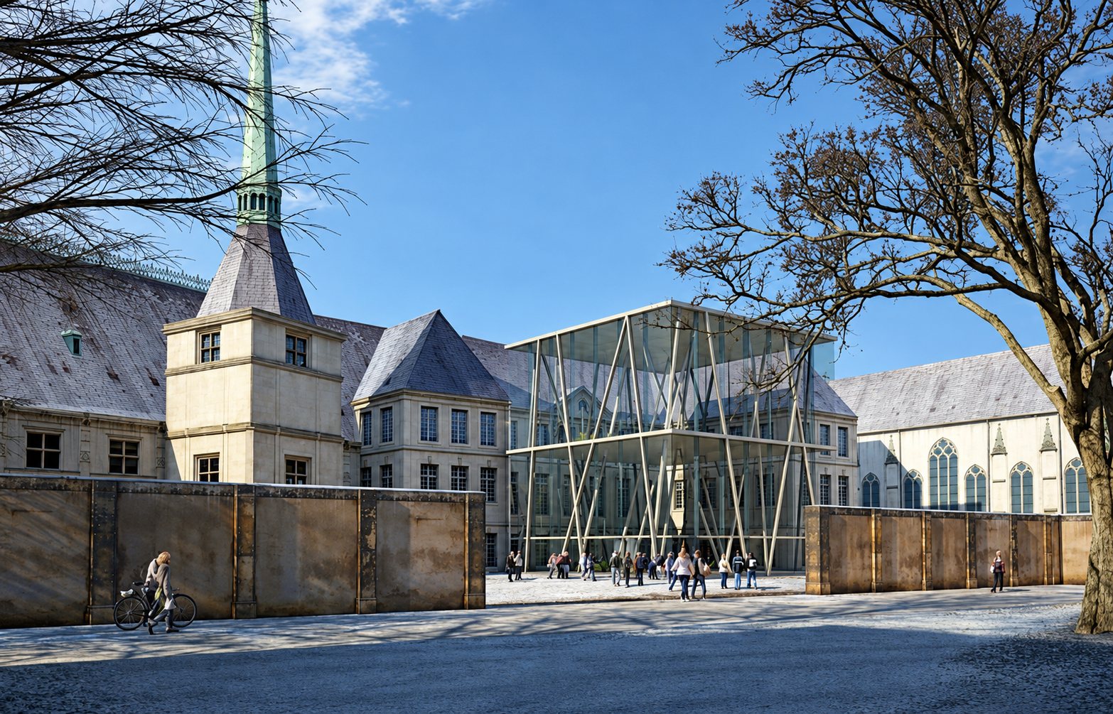 Rendu du projet. Image de synthèse d'une structure vitrée à armature métallique insérée entre des bâtiments anciens à toits d'ardoise, avec des passants et un cycliste sur une place enneigée.