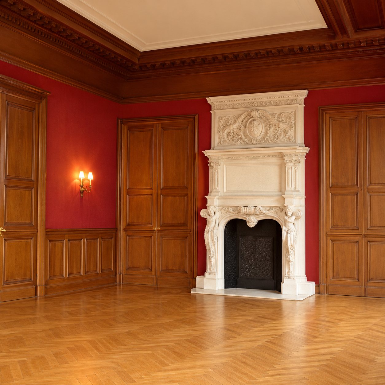Pièce aux murs lambrissés de bois chaud avec une cheminée blanche sculptée et un parquet ciré.